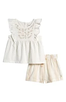 SAMMY + NAT Floral Embroidered Ruffle Top & Striped Shorts Set Tan at Nordstrom,