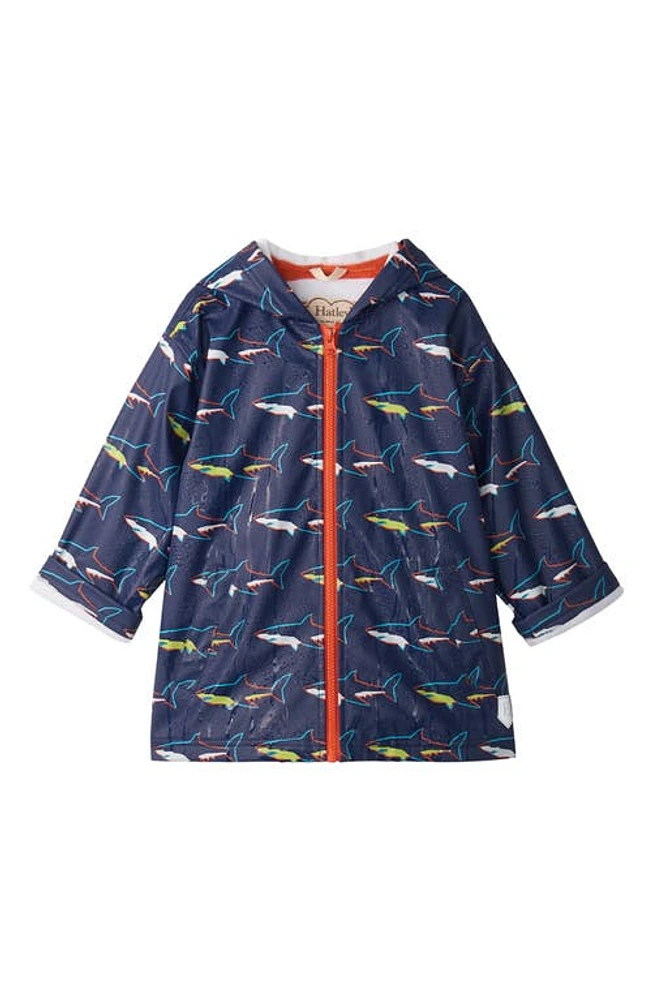 Hatley Kids' Sharks Color Changing Hooded Waterproof Raincoat Blue at Nordstrom,