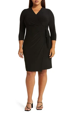 Anne Klein Long Sleeve Solid Faux Wrap Dress Black at Nordstrom,