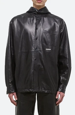 Helmut Lang Hoodie Lambskin Leather Button-Up Shirt Black at Nordstrom,