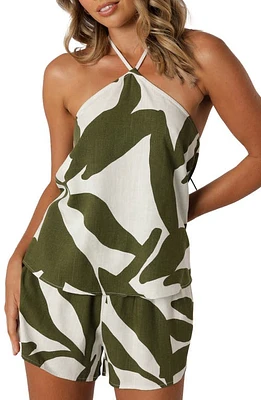 Petal & Pup Henri Cotton & Linen Halter Top in Olive Palm at Nordstrom, Size X-Large