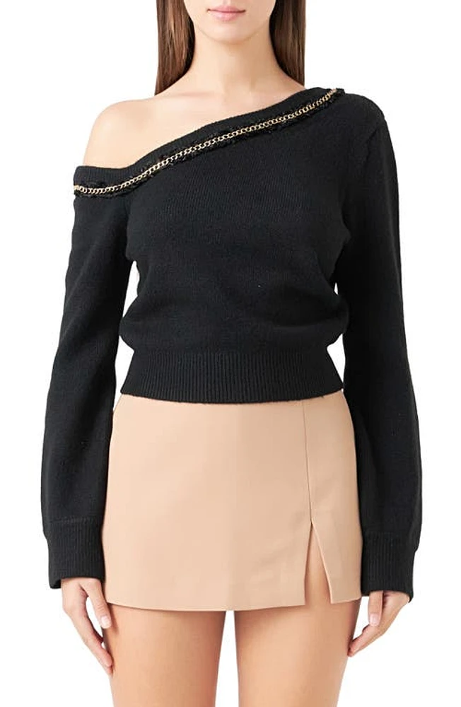 Endless Rose Chain Trim One-Shoulder Sweater Black at Nordstrom,