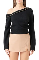 Endless Rose Chain Trim One-Shoulder Sweater Black at Nordstrom,