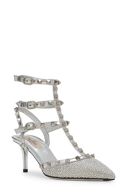 Valentino Garavani Rockstud T-Strap Pointed Toe Pump Crystal/grigio Perla/silver at Nordstrom,