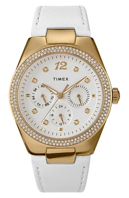 Timex Simone Leather Strap Chronograph Watch, 38mm in White at Nordstrom, Size 38 Mm