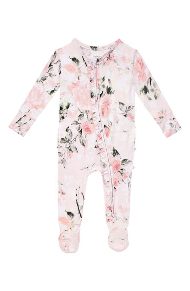 Posh Peanut Vintage Pink Rose Ruffle Fitted Footie Pajamas Light/Pastel at Nordstrom,