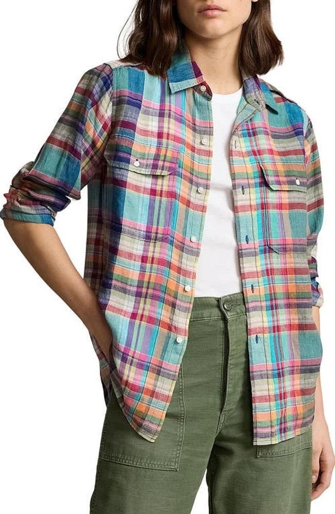 Polo Ralph Lauren Plaid Linen Button-Up Shirt in Multi Plaid at Nordstrom, Size X-Small