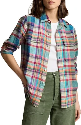 Polo Ralph Lauren Plaid Linen Button-Up Shirt in Multi Plaid at Nordstrom, Size X-Small