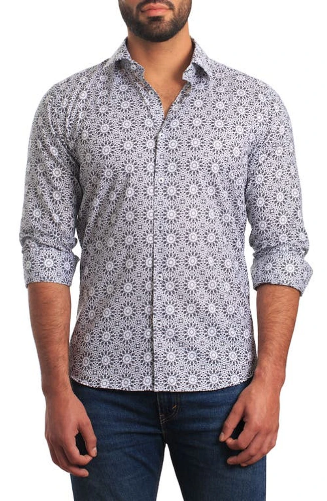 Jared Lang Trim Fit Floral Print Cotton Button-Up Shirt White And Black at Nordstrom,