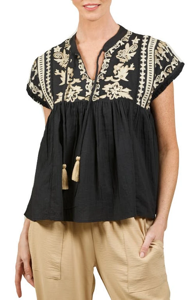 NIKKI LUND Embroidered Short Sleeve Top Black at Nordstrom,