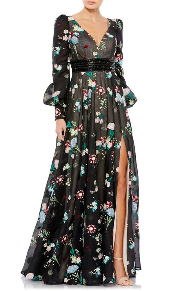 Mac Duggal Floral Embroidered Long Sleeve Gown Black Multi at Nordstrom,