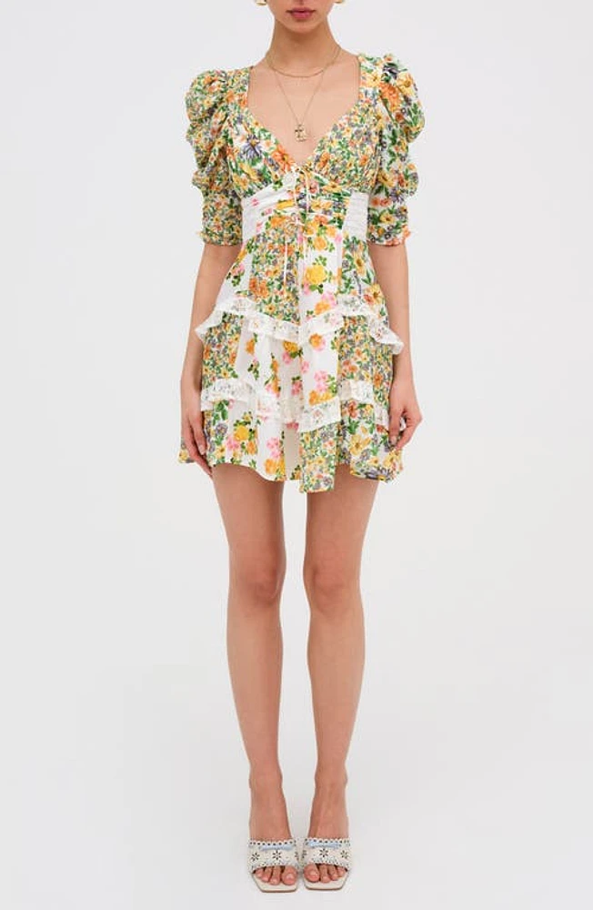 For Love & Lemons Rosalyn Floral Minidress Green at Nordstrom,