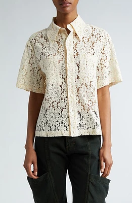 Eckhaus Latta Floral Short Sleeve Lace Button-Up Shirt in Ivory at Nordstrom, Size Small