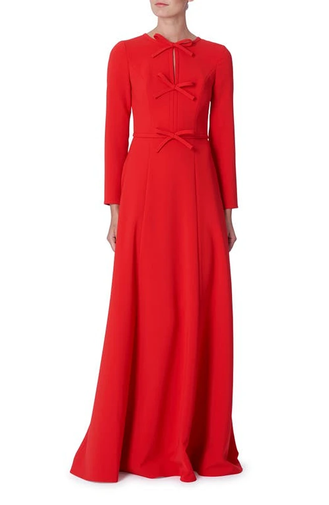 Carolina Herrera Pleated Triple Bow Cutout Long Sleeve Gown Poppy at Nordstrom,