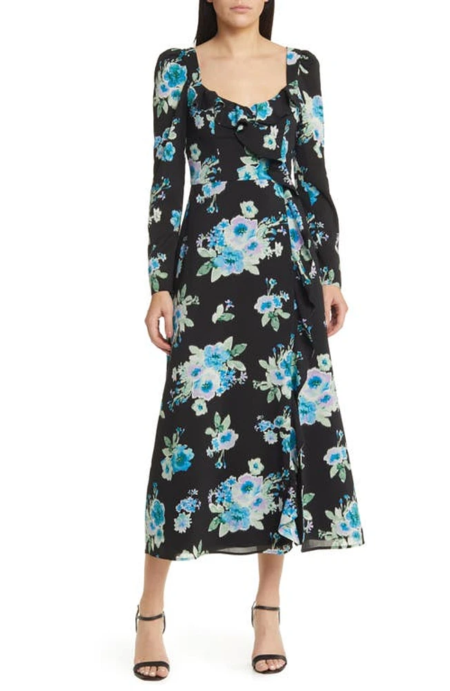 Charles Henry Floral Print Ruffle Long Sleeve Midi Dress Black at Nordstrom,