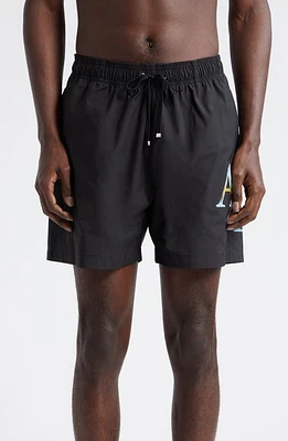 AMIRI Staggered Chrome Drawstring Swim Trunks Black at Nordstrom,