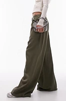 Topshop Super Wide Leg Linen Blend Pants Khaki Green at Nordstrom, Us