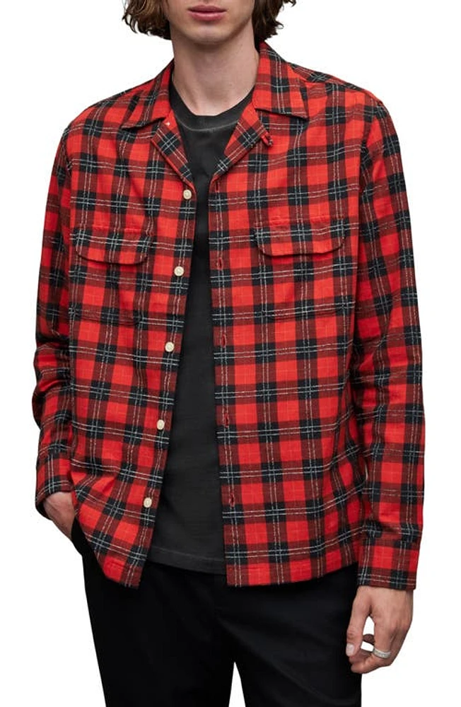 AllSaints Recon Realxed Fit Plaid Long Sleeve Camp Shirt Postbox Red at Nordstrom, R