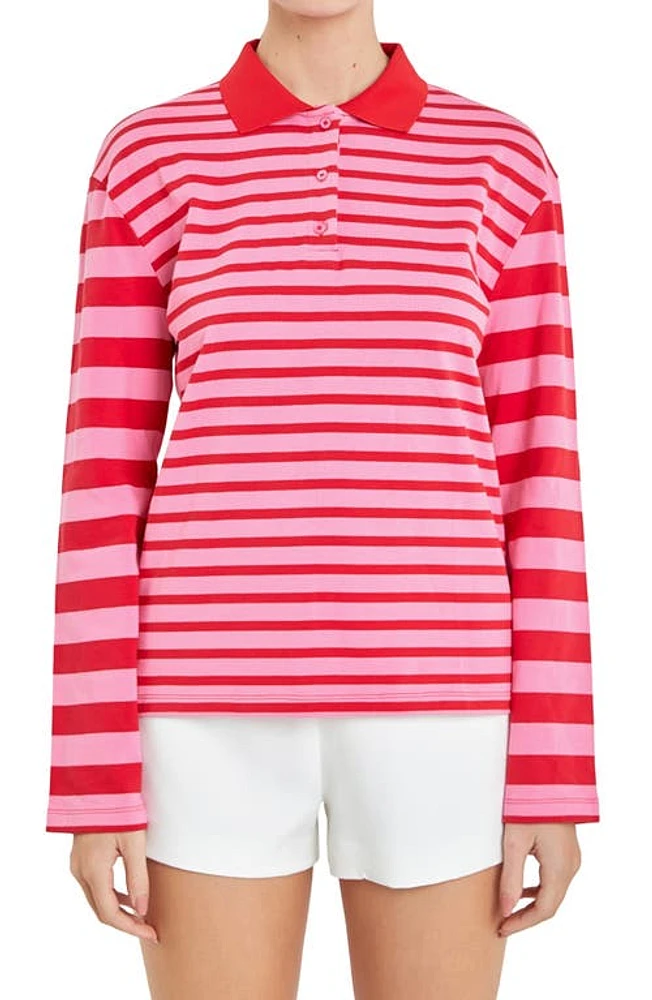 English Factory Stripe Long Sleeve Polo Pink/Red at Nordstrom,