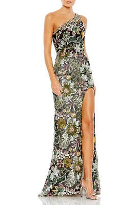 Mac Duggal Floral Sequin One-Shoulder Gown Black Multi at Nordstrom,