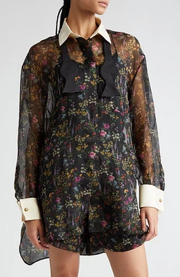 Max Mara Marocco Floral Print Silk Organza Shirt with Bow Tie Black at Nordstrom,