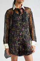 Max Mara Marocco Floral Print Silk Organza Shirt with Bow Tie Black at Nordstrom,