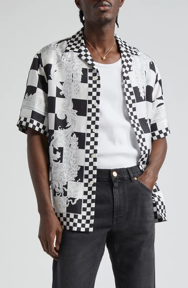 Versace Medusa Check Short Sleeve Silk Button-Up Shirt Black White Silver at Nordstrom, Us