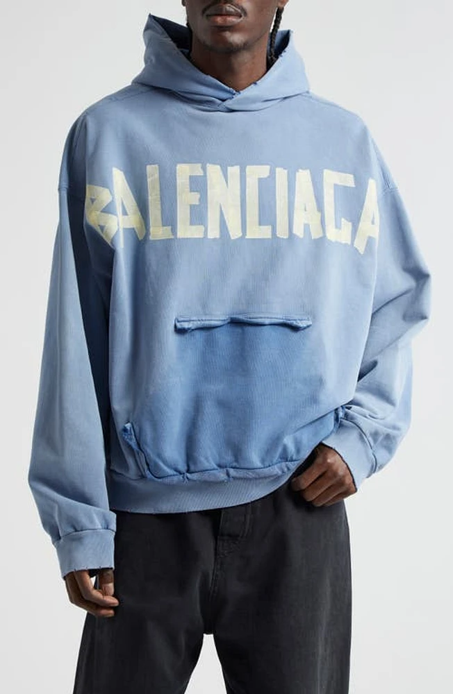 Balenciaga Tape Logo Distressed Cotton Hoodie Blue at Nordstrom,