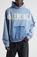 Balenciaga Tape Logo Distressed Cotton Hoodie Blue at Nordstrom,