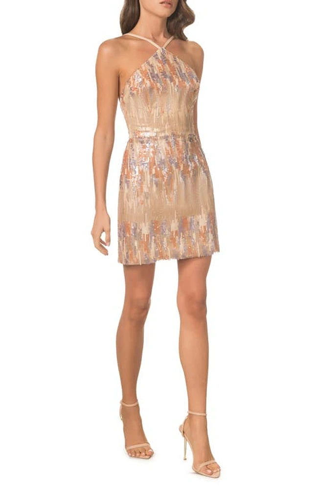 Dress the Population Victoria Sequin Halter Cocktail Minidress Light Beige Multi at Nordstrom,