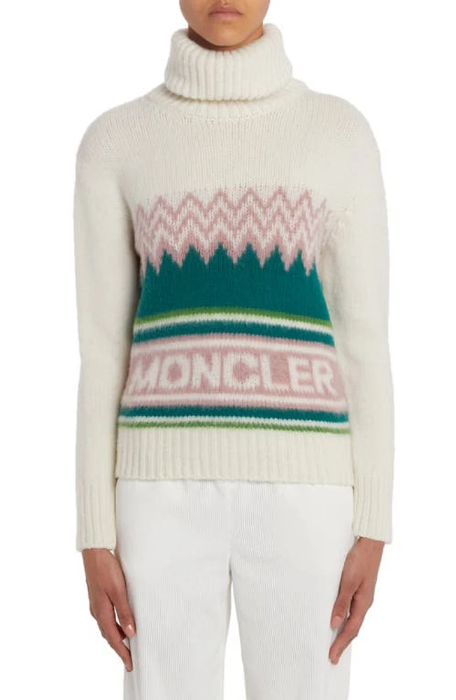 Moncler Festive Logo Intarsia Wool Turtleneck Sweater White at Nordstrom,