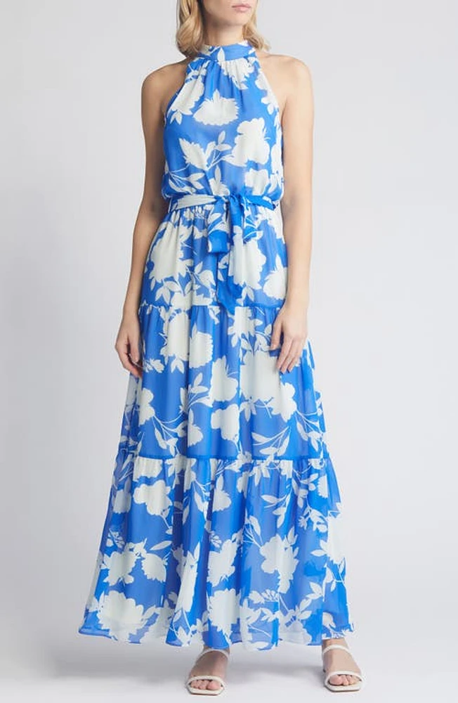 Julia Jordan Floral Mock Neck Tiered Maxi Dress Blue/Ivory at Nordstrom,