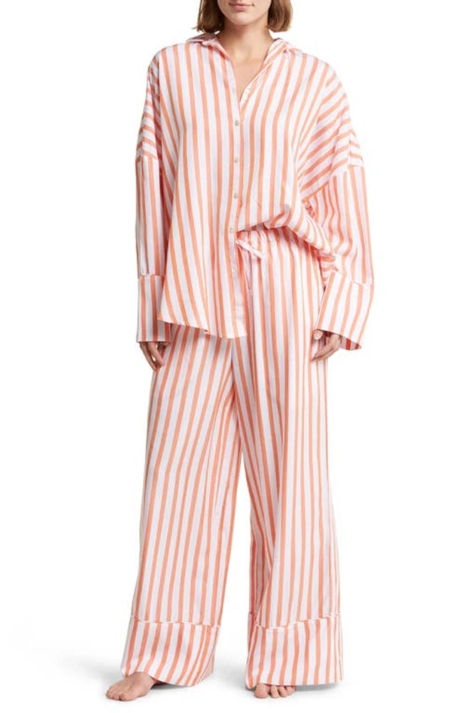 Papinelle Amelie Stripe Wide Leg Pajamas White /Sunset Orange at Nordstrom,