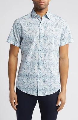 Rodd & Gunn Frond Print Short Sleeve Cotton Button-Up Shirt Sky at Nordstrom,