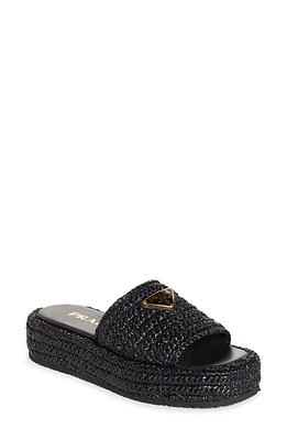 Prada Raffia Flatform Slide Sandal Black at Nordstrom,