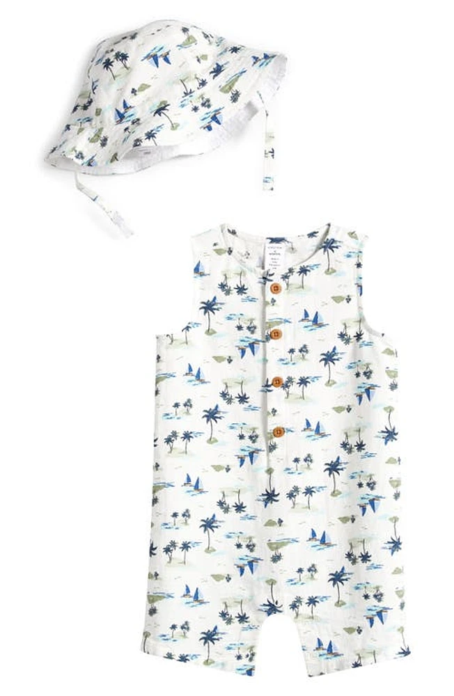 Nordstrom Print Cotton Henley Romper & Sun Hat Set at Nordstrom,