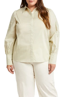 HARSHMAN Devlin Embroidered Sleeve Cotton Button-Up Shirt Soft Green at Nordstrom,