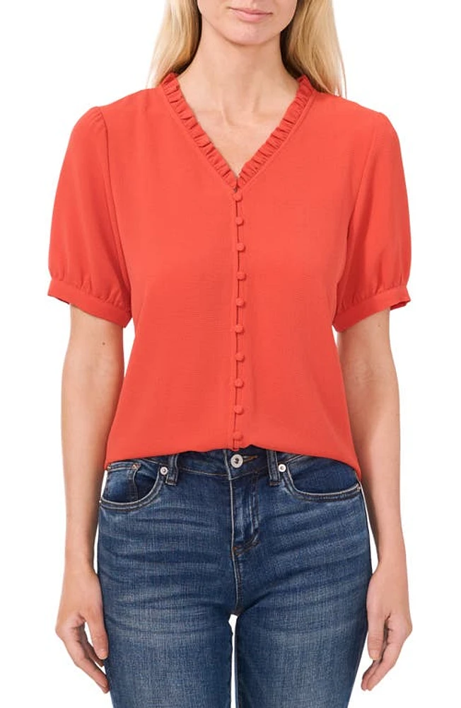 CeCe Frill V-Neck Button-Up Blouse Chili Orange at Nordstrom,