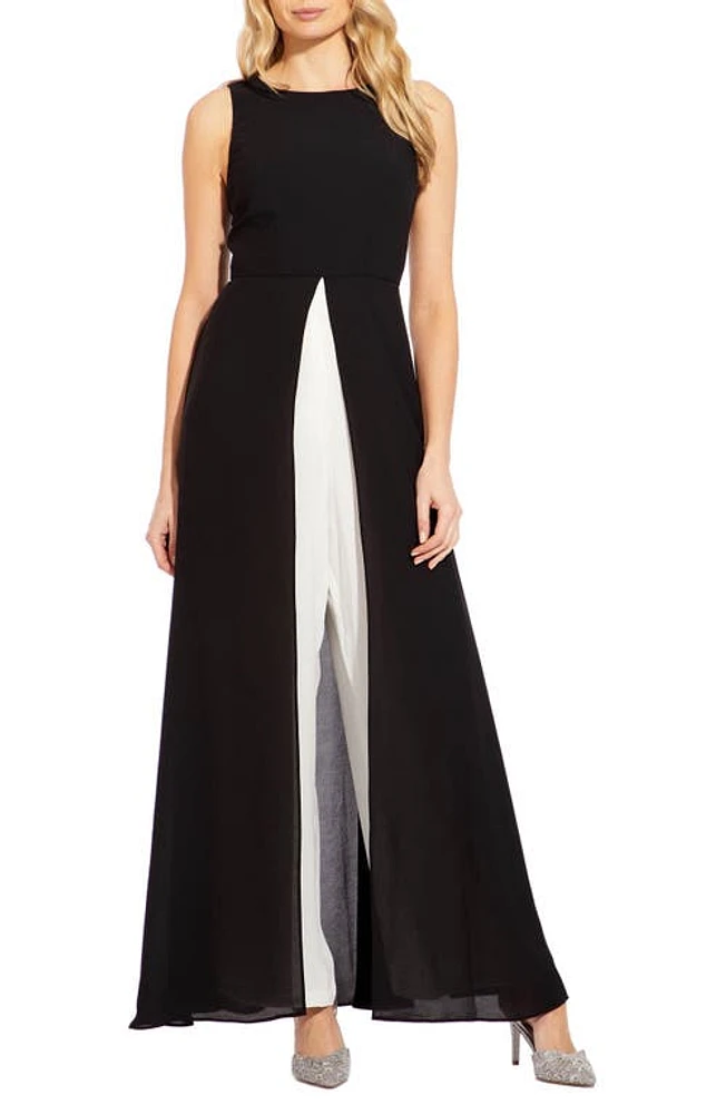 Adrianna Papell Crepe Overlay Jumpsuit Black/Ivory at Nordstrom,