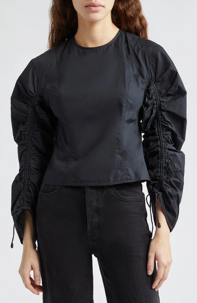 Ulla Johnson Lorna Drawstring Sleeve Cotton Top Noir at Nordstrom,