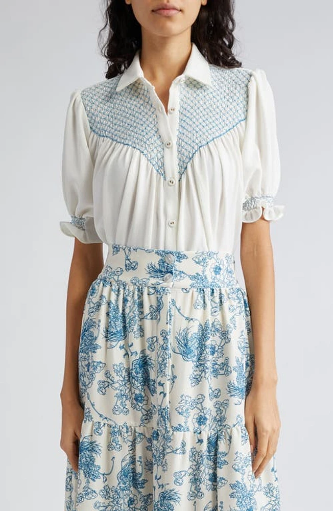 Loretta Caponi Milvia Smocked Crepe Shirt White at Nordstrom,