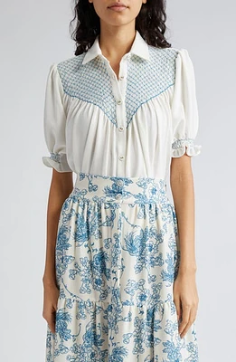 Loretta Caponi Milvia Smocked Crepe Shirt White at Nordstrom,