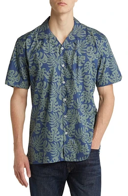 NORTH SAILS Leaf Print Short Sleeve Cotton Button-Up Shirt Blue/Green at Nordstrom,