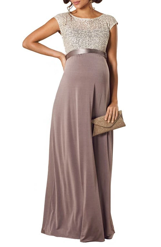 Tiffany Rose Mia Lace & Jersey Maternity Gown in Dusky Truffle at Nordstrom