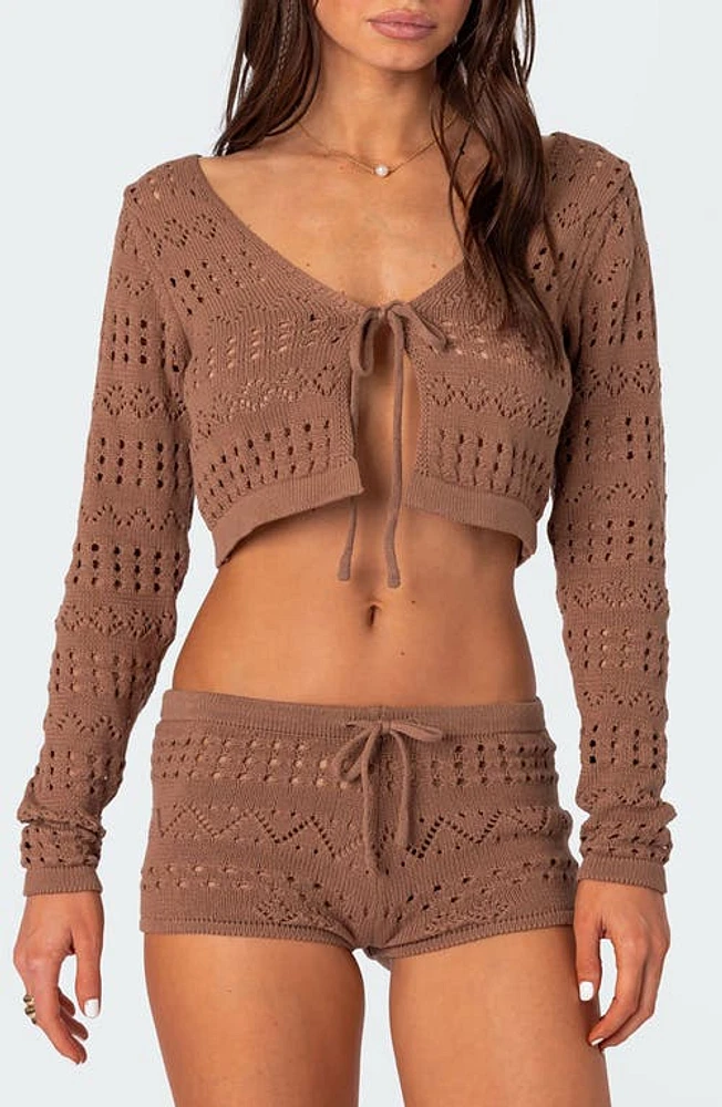 EDIKTED Betsy Open Stitch Tie Front Crop Cardigan at Nordstrom