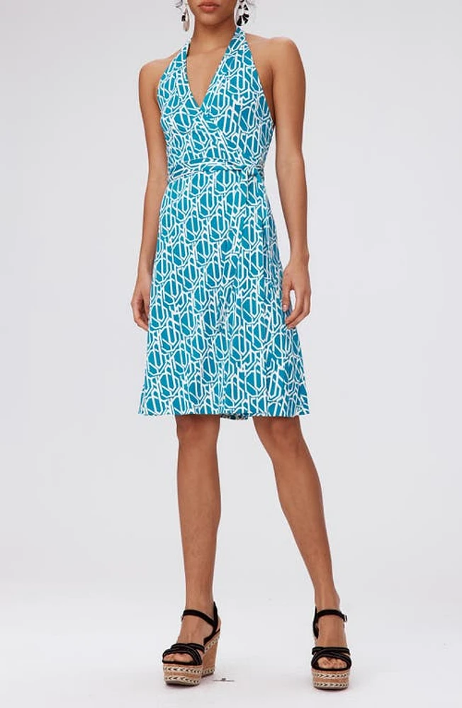 Diane von Furstenberg Nishi Print Tie Waist Halter Dress Infinite Geo Teal Med at Nordstrom,