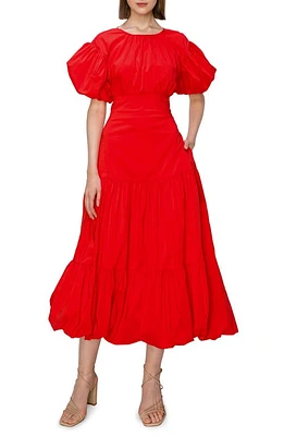 MELLODAY Puff Sleeve Lace-Up Back Bubble Hem Tiered Midi Dress at Nordstrom, Size Large