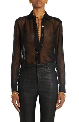 TOM FORD Flocked Polka Dot Sheer Silk Chiffon Button-Up Shirt Black at Nordstrom, Us