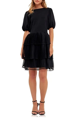 English Factory Puff Sleeve Mixed Media Minidress Black at Nordstrom,