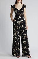 Chelsea28 Floral Cap Sleeve Wide Leg Jumpsuit Black- Ivory Classic at Nordstrom,